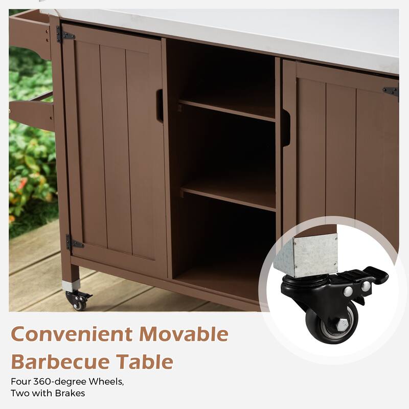 EROMMY Outdoor Kitchen Island on Wheels, Solid Cedar Wood Grill Cart with 201 Stainless Steel Top & 3‑Tier Storage - Wood Color
