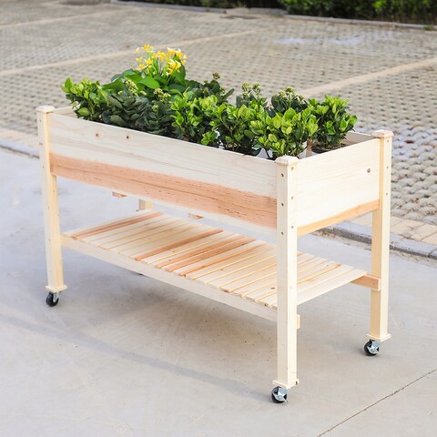 48 in x 32 in x 23 in Wooden Elevated Planter with Shelf and Wheel - 48x32x23