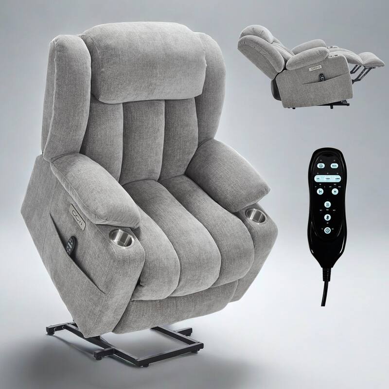Roomfitters Heavy Duty Power Lift Recliner, Chenille Massage Chair with USB-C Charging and Stainless Cup Holders