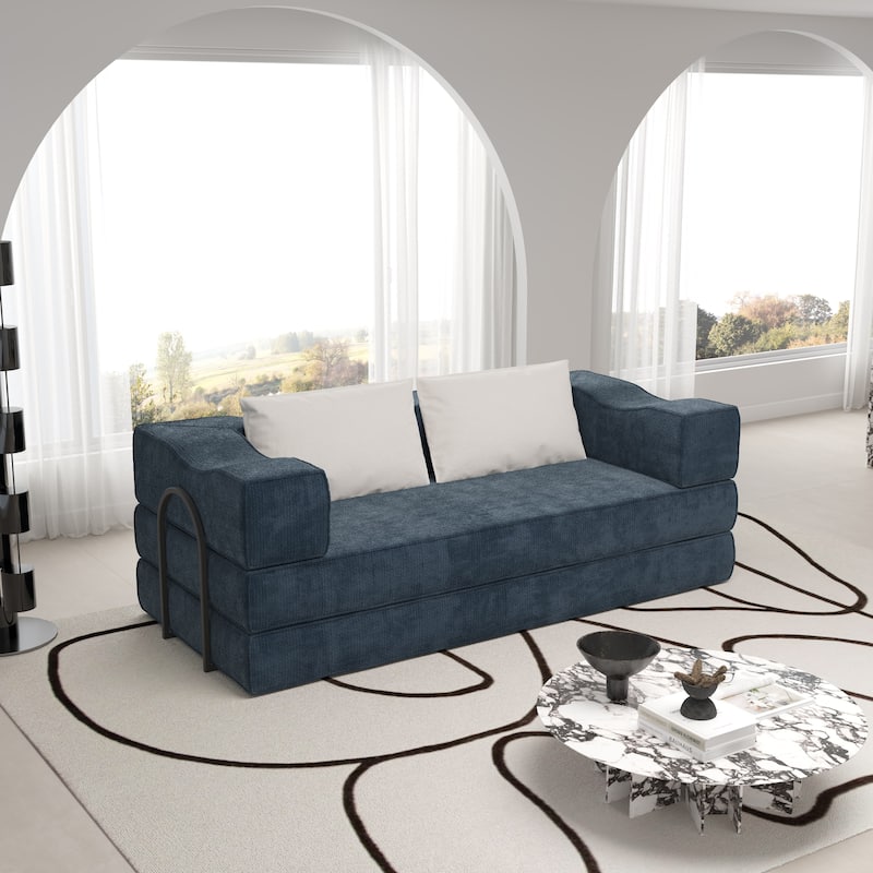 80" Convertible Sofa Bed with 2 Pillows, 2-Seat Folding Floor Couch, Multifunctional Chenille Loveseat Living Room Sleeper Sofa - Blue