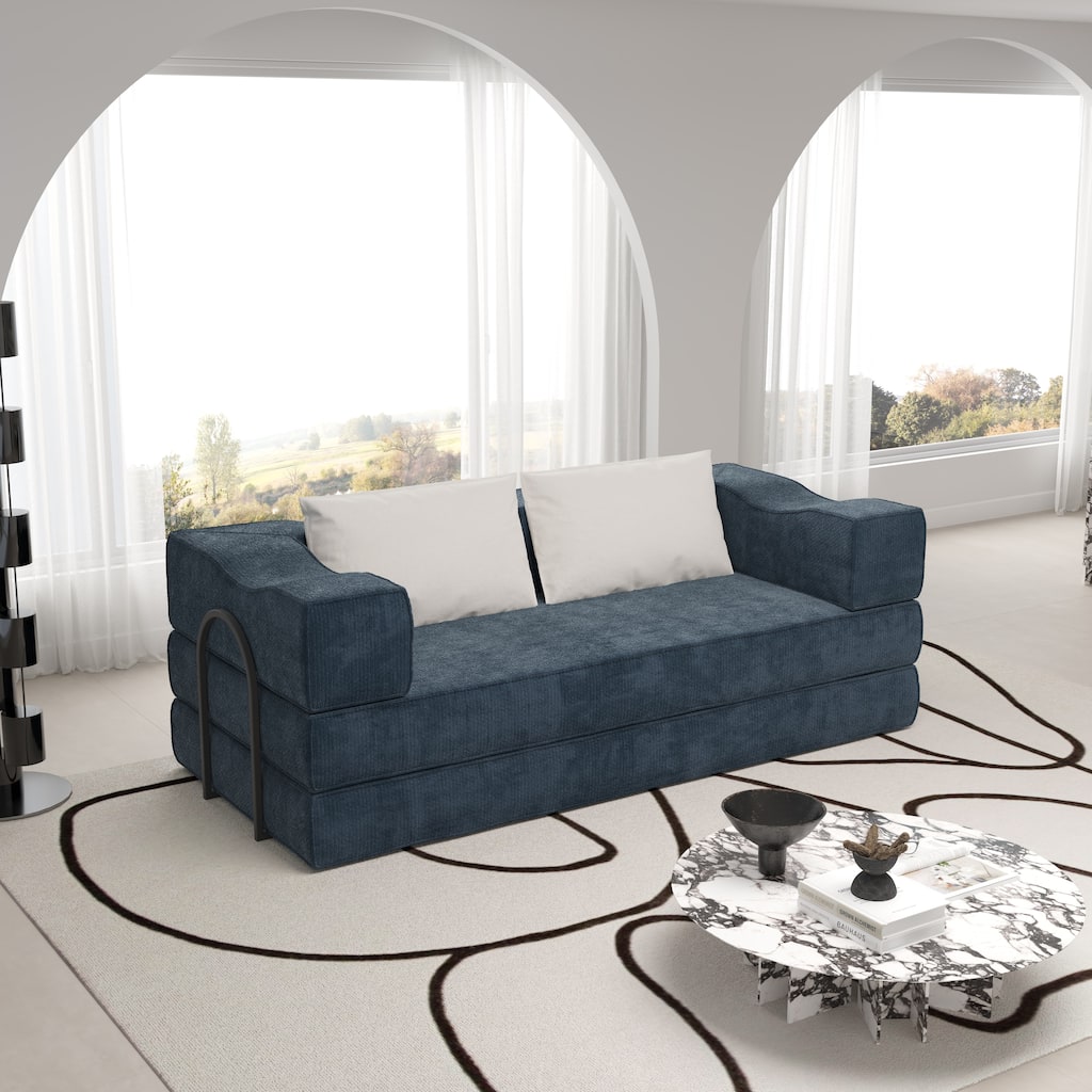 80" Convertible Sofa Bed with 2 Pillows, 2-Seat Folding Floor Couch, Multifunctional Chenille Loveseat Living Room Sleeper Sofa