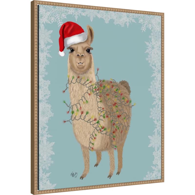 Llama Christmas Lights 2 by Fab Funky (23 x 28 in.), Framed Canvas Wall Art Print - Sylvie Beaded Rustic Natural