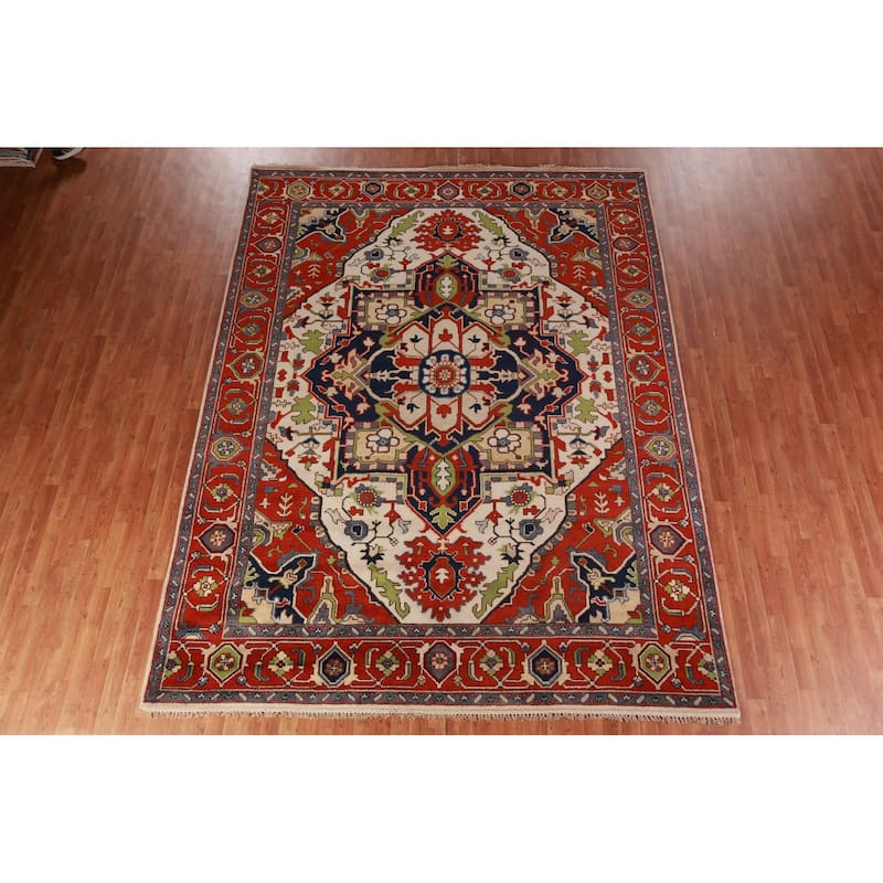 Ivory & Orange Heriz Serapi Indian Area Rug Handmade Wool Carpet - 8'11"x 11'9"