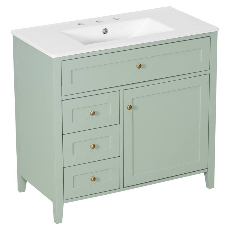 Roomfitters 36" Bathroom Vanity with Sink, Solid Wood Legs, 4 Drawers & Cabinet with Adjustable Shelf