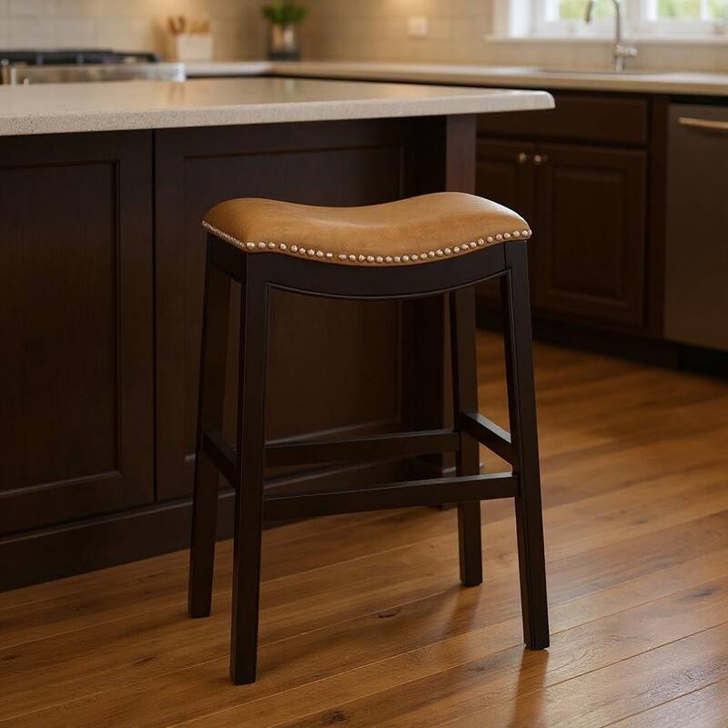 HomeRoots 31" Tan and Espresso Faux Leather and Solid Wood Backless Counter Height Bar Chair