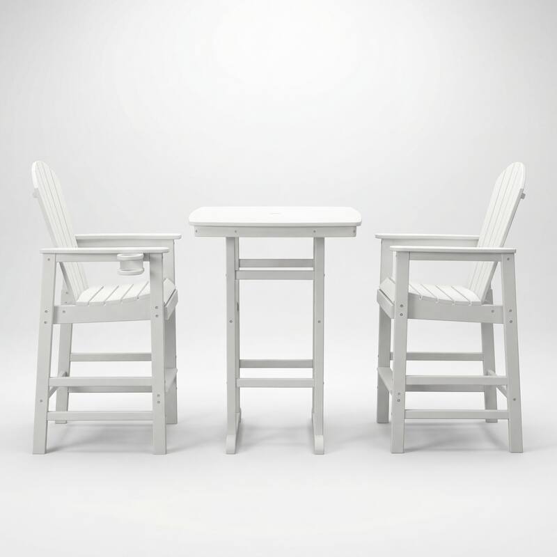 3-Piece HDPE Bar-Height Patio Set, 42.1" Square High Top Pub Table with Umbrella Hole + 2 Bar Stools with Cup Holders