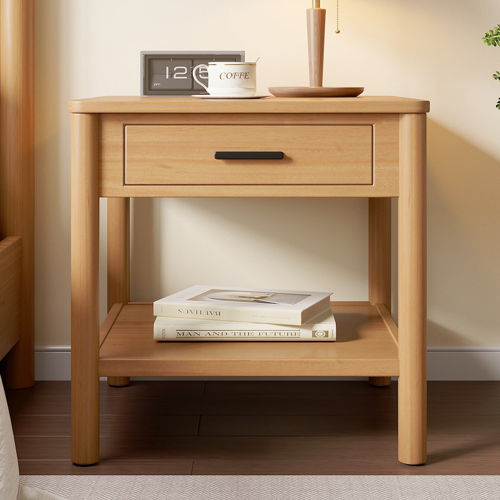 Modern Side Table End Table with Drawer and Open Shelf, Storage Table with Square Tabletop and Rounded Anti-Collision Edges