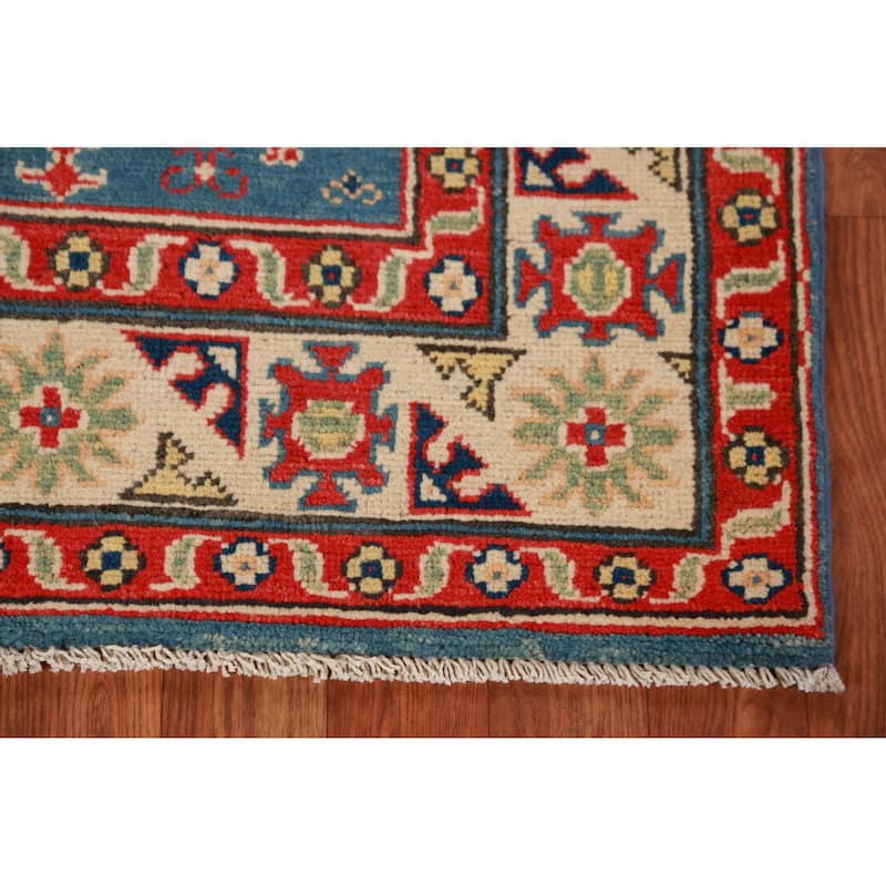 Blue Kazak Foyer Rug Geometric Hand-Knotted Wool Carpet - 2'7"x 4'0"