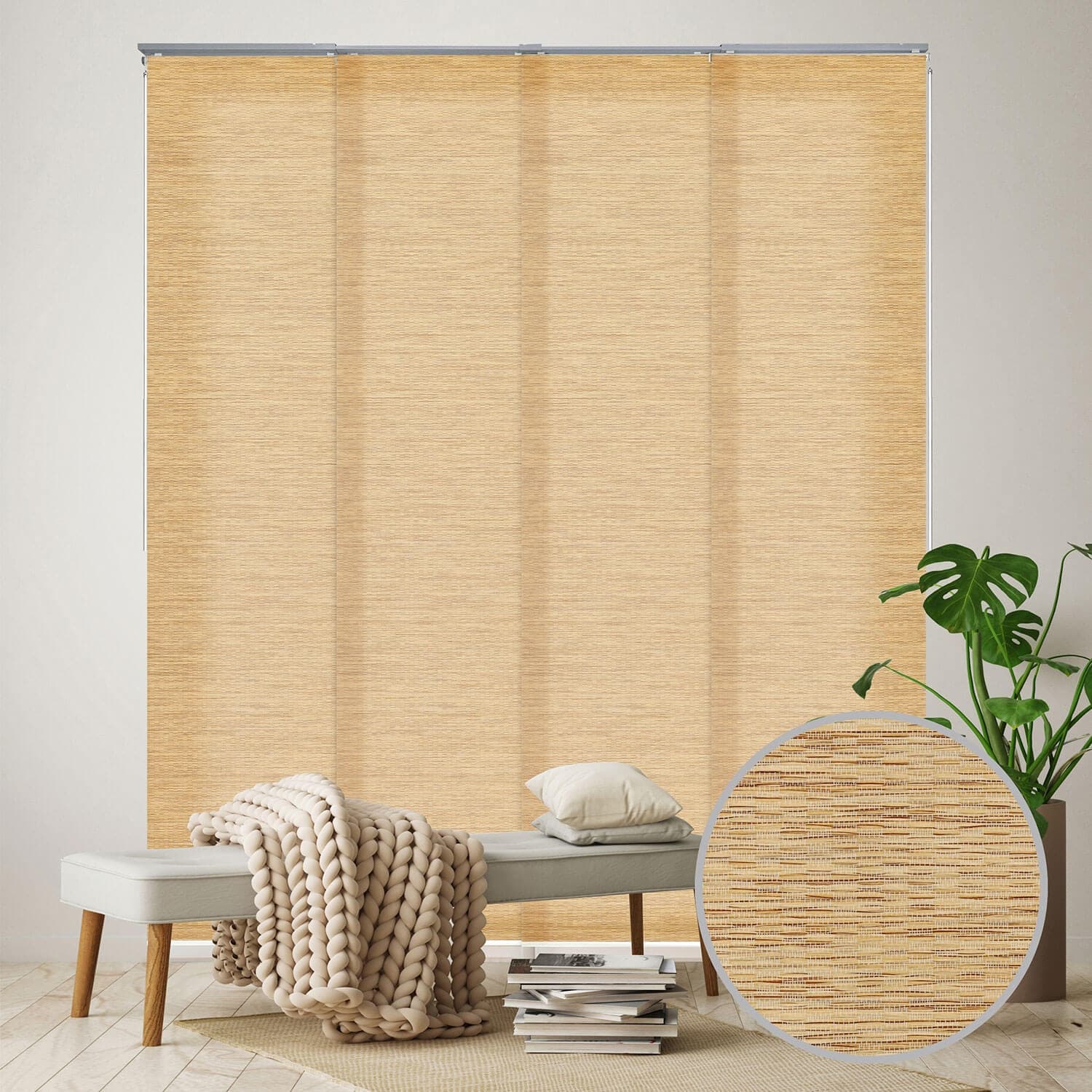 GoDear Design Natural Woven Adjustable Sliding Panel Track Blinds, Vertical Blinds, Earth Tone Color, 45.8"- 86" W x 96" L