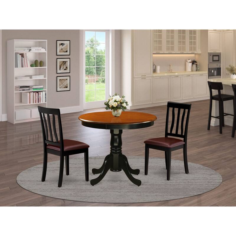 East West Furniture 3 Piece Kitchen Table Set- A Round Dining Room Table and 2 kitchen Chairs, Black & Cherry (Seat Options) - ANTI3-BLK-LC
