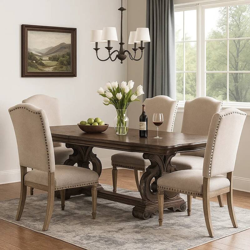 Leova Dining Table, 80-114 Inch Extendable Top, Dark Brown Corbel Base
