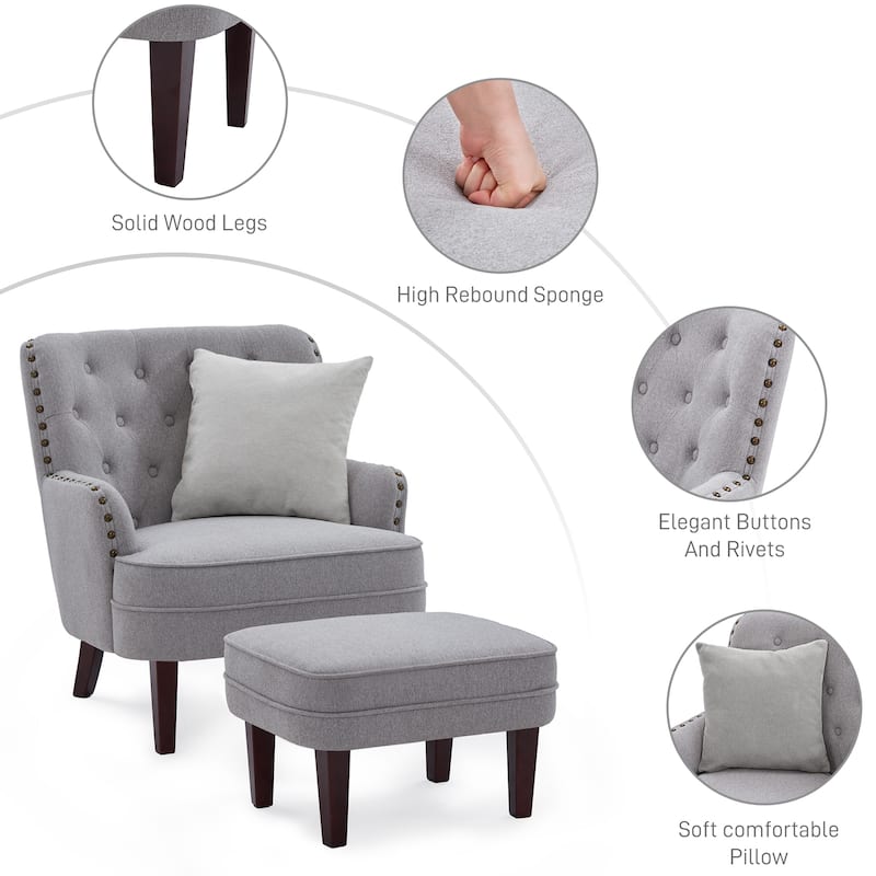 Club Chair Upholstered Button Tufted Accent Chair with Ottoman and Pillow