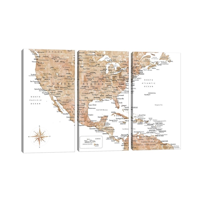 iCanvas "Map Of The Usa And The Caribbean Area In Brown Watercolor" by blursbyai 3-Piece Canvas Wall Art Set