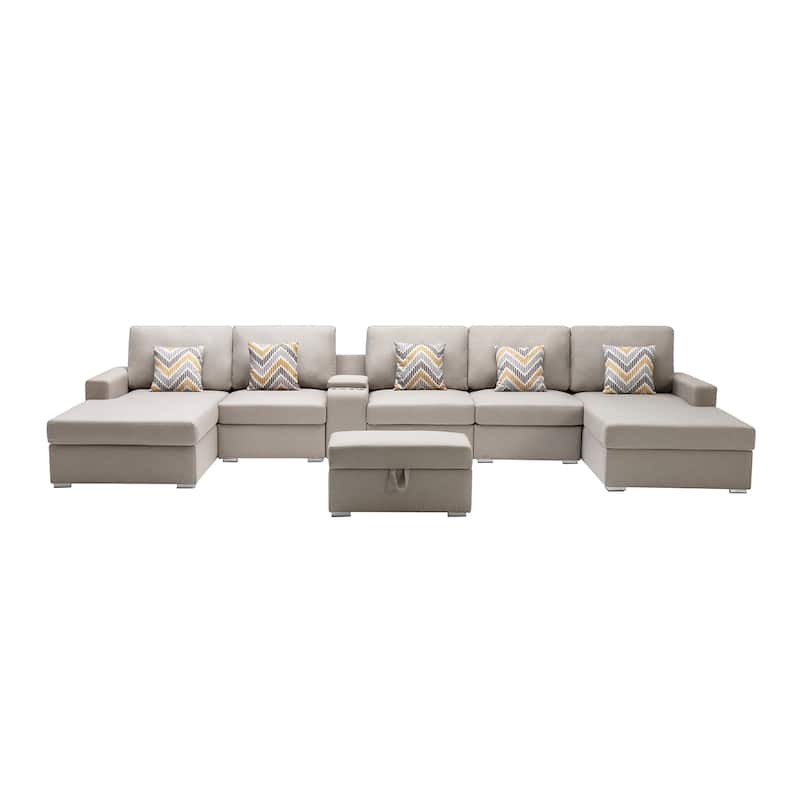 Linen Fabric 7 Piece U-Shaped Double Chaise Sectional Sofa with Interchangeable Legs and Storage Console Table - Beige