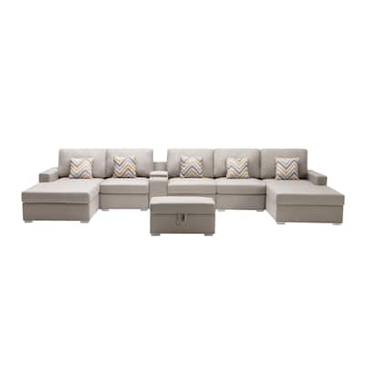 Linen Fabric 7 Piece U-Shaped Double Chaise Sectional Sofa with Interchangeable Legs and Storage Console Table