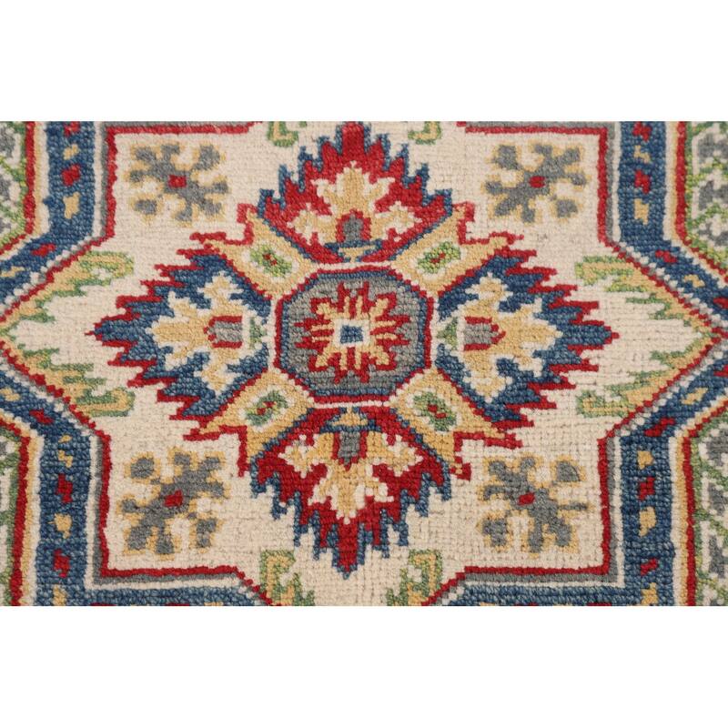 Geometric Kazak Rug Hand-Knotted Grey Wool Carpet - 4'11" x 6'9"