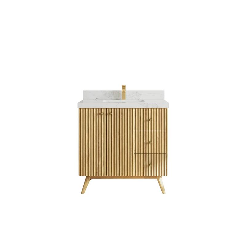 Willow Collections 36 in. W x 22 in. D Pasadena Solid Teak Center Sink Bathroom Vanity with Countertop - 2"Calacatta Nuvo - Light Natural