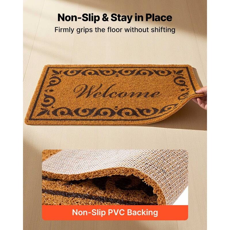 Brown Faux Coir Fibers Welcome Doormat with Non-Slip Backing for Indoor or Outdoor Mat - 29.5” x 17” x 0.4”