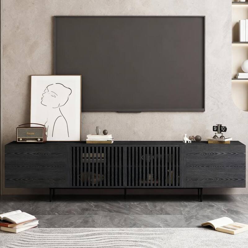 94.48 Inch Extra Long Black TV Stand with Slatted Doors, Modern Entertainment Center for TVs up to 100 Inches,
