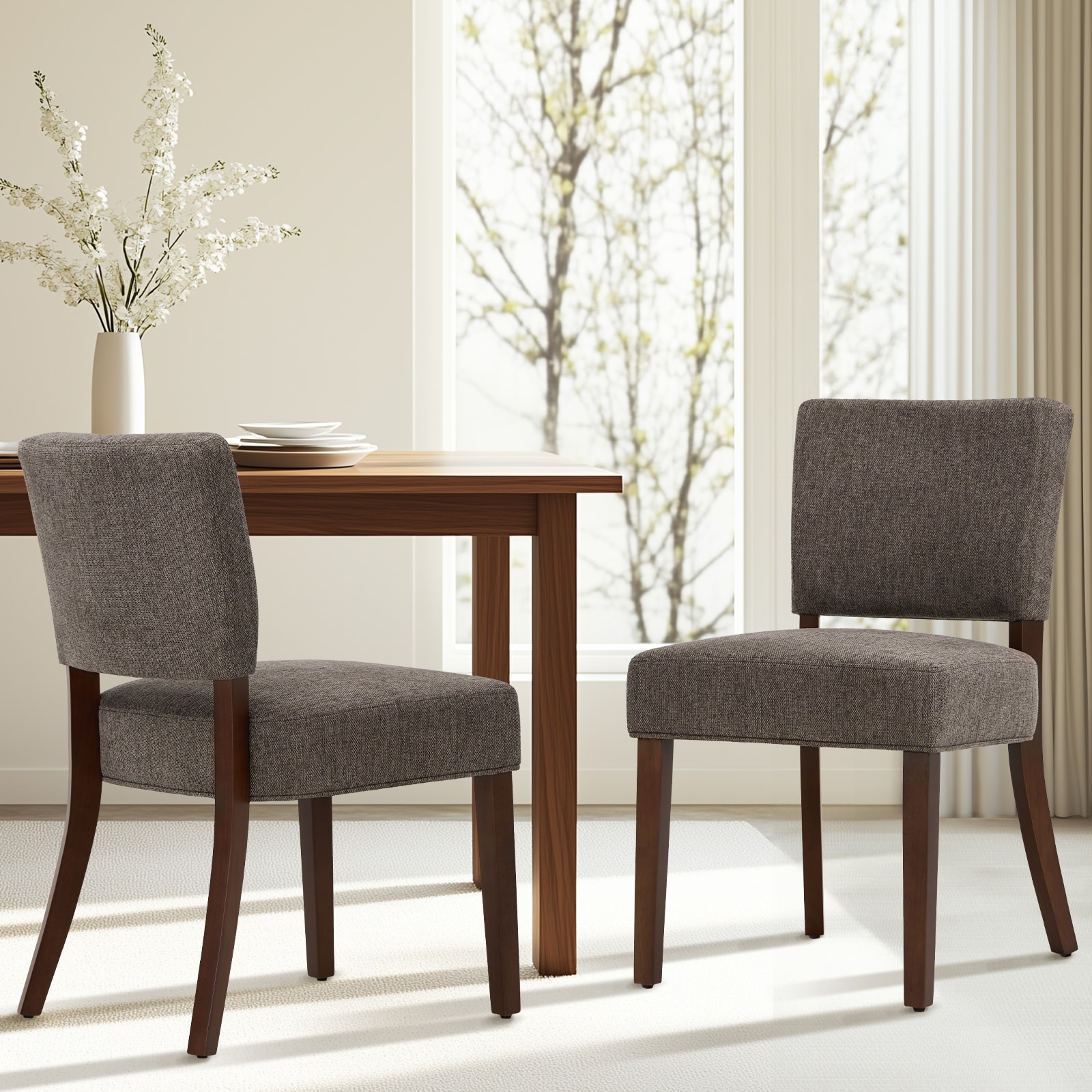 Set of 2 Modern Farmhouse Dining Chairs Upholstered Mid-Back Chairs with Wood Legs