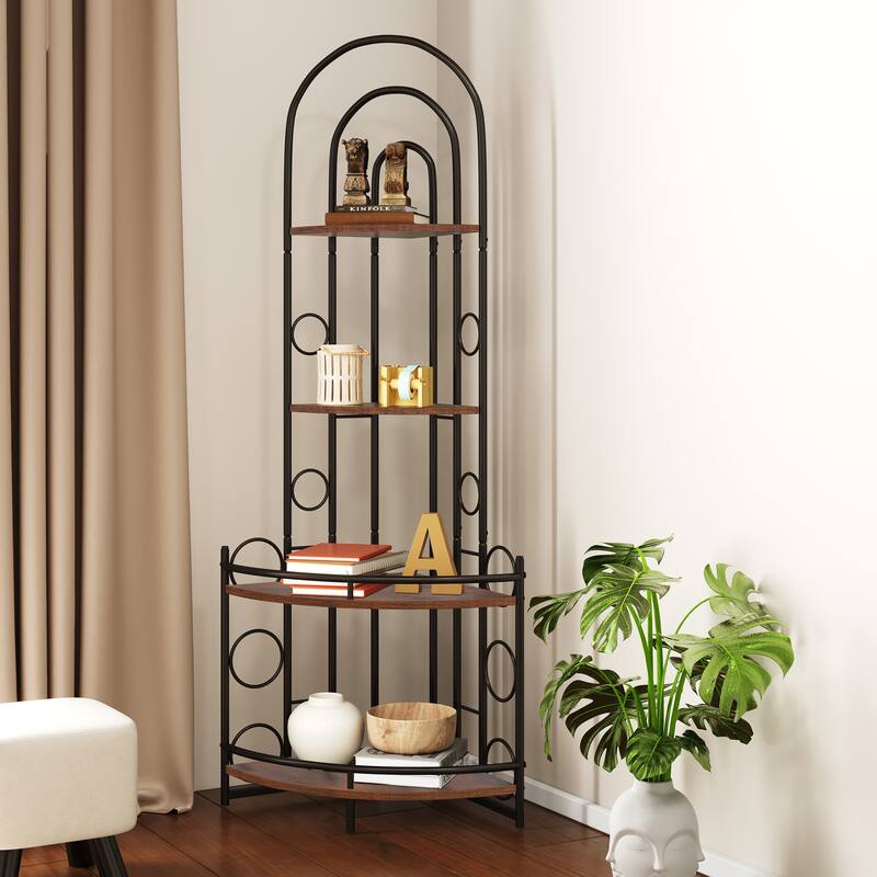 Modern 4 Tier Corner Bookcase, Plant Shelf with Metal Frame for Living Room Bedroom Office