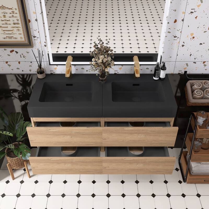 Wall Mounted Bathroom Vanity with Solid Surface Sink and Soft Drawers