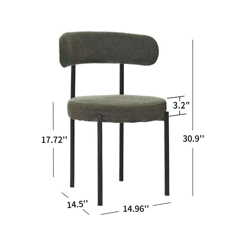 Dining Chairs, Green Curved Backrest Chairs Set of 2, Round Upholstered Kitchen Chairs with Black Metal Spray-painted Legs