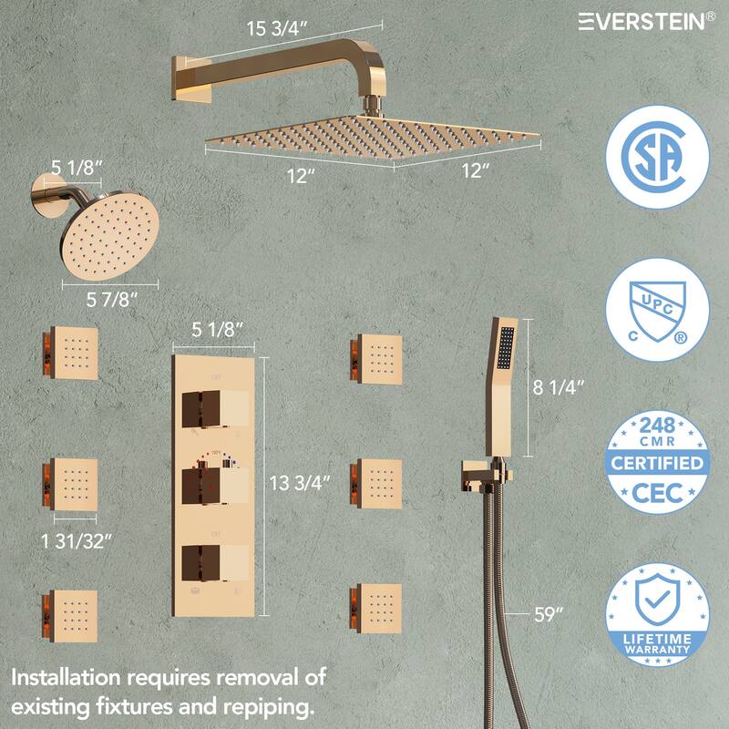 4-Functions Thermostatic Shower System, Wall Mount Shower Faucet Set 12" & 6" Dual Shower Head with 6 Body Jets