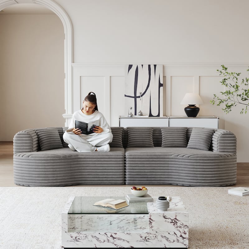 Oversized Modular Curved Sectional Sofa, Comfy Corduroy Upholstered Boneless Cloud Sofa, Memory Foam Floor Sofa with 6 Pillows