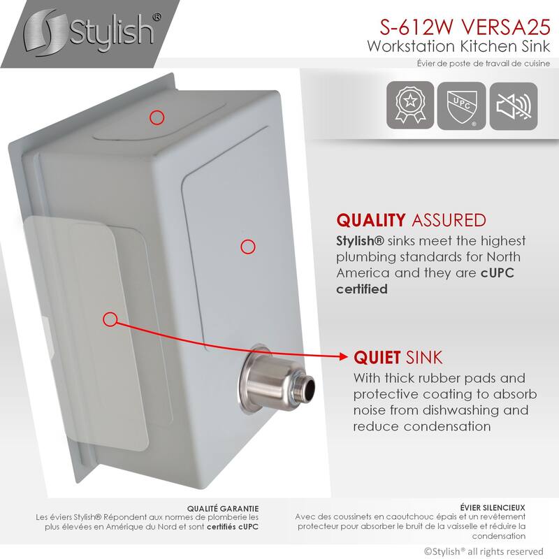 STYLISH 25 inches Workstation Single Bowl Undermount 16 Gauge Stainless Steel Kitchen Sink with Built in Accessories Handmade