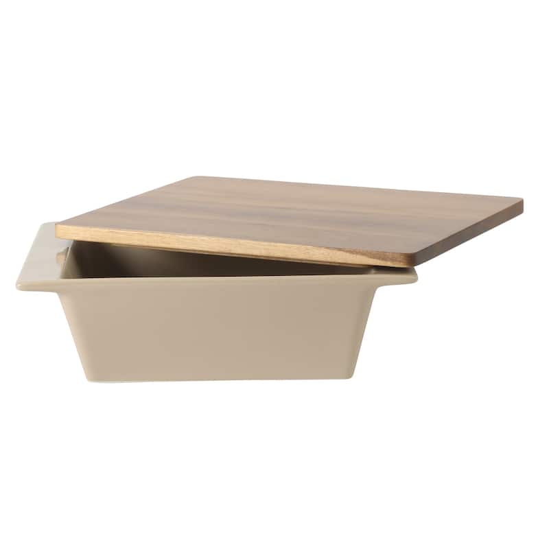 Gibson Elite 2 Quart or 2.75-Quart Stoneware Baking Dish with Acacia Wood Lid - Taupe Rectangular Oven Safe Baker