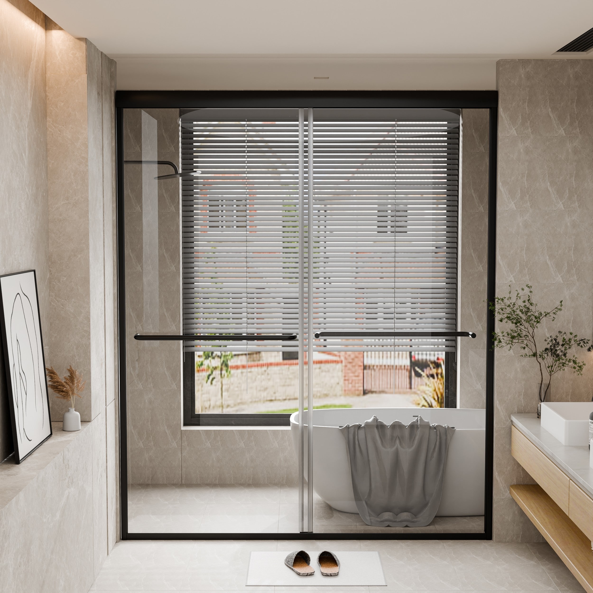 45''/54''W x 70'' H Glass Double Sliding Shower Door in Black/Chrome