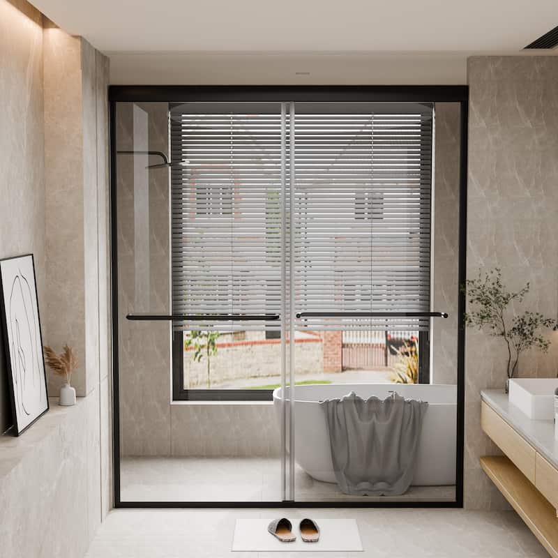 45''/54''W x 70'' H Glass Double Sliding Shower Door in Black/Chrome