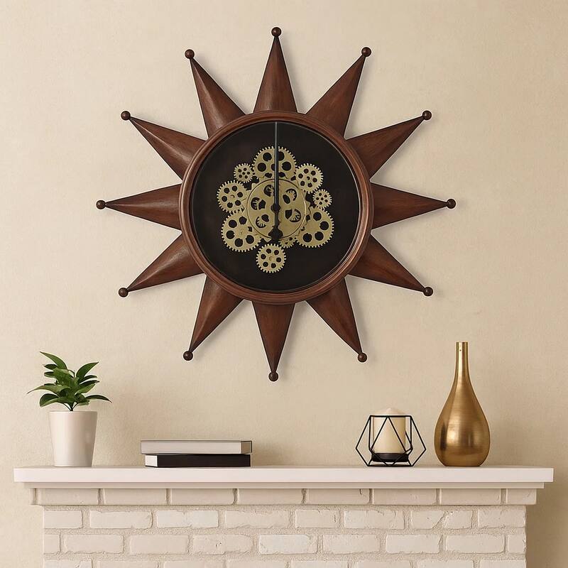 28 Inch Round Wall Clock, Sun Shaped Frame, Rich Brown, Bold Jet Black