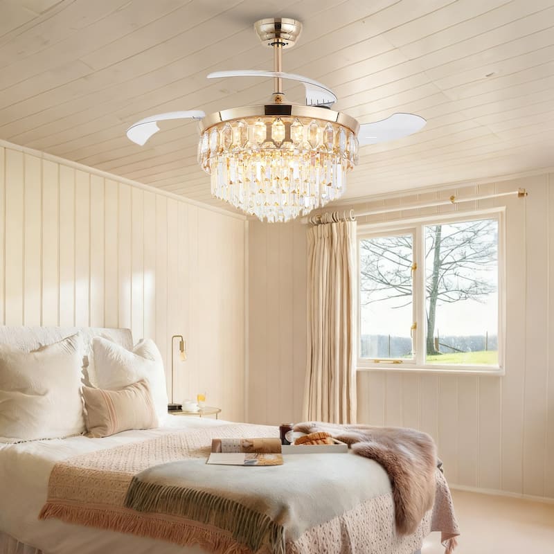 48" Crystal Fandelier Ceiling Fan with Light and Retractable Blades LED Dimmable for Bedroom Living Room - 48 Inches