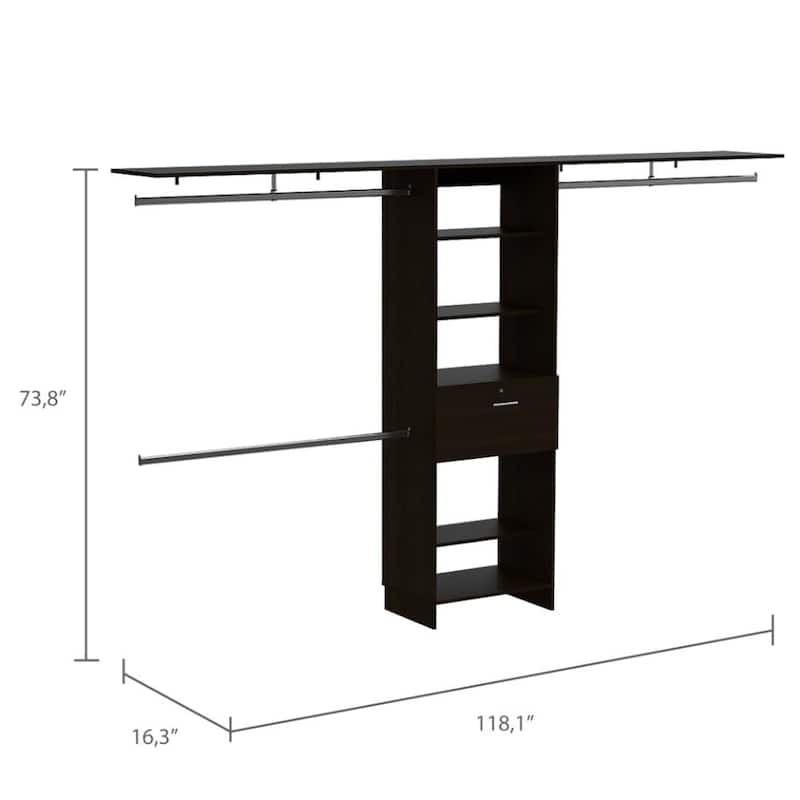 TUHOME Plego 70"W - 118"W Closet System with One Drawer, Black