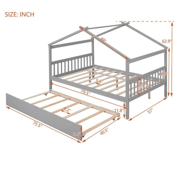 Full Size Wooden House-Shaped Bed with Twin Trundle ,Classic Design with Whimsical Sky Roof