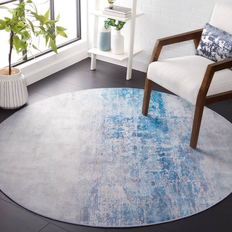 SAFAVIEH Tacoma Machine Washable Slip Resistant Norah Modern Abstract - 6' x 6' Round - Grey/Blue - Round