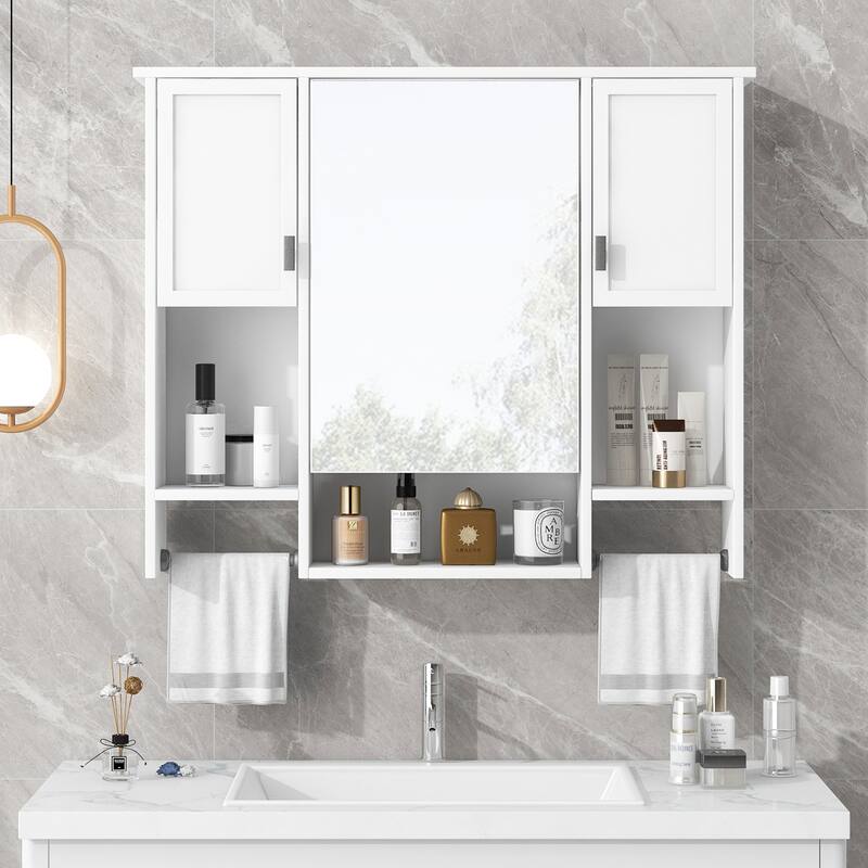 GDFStudio - Auburn Modern Wall-Mounted Bathroom Storage Cabinet with Mirror and Towels Bar - 35'' x 28''