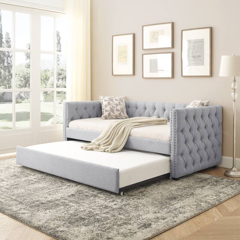 Twin Size Daybed with Twin Trundle Sofa Bed, with Button and Copper Nail on Square Arms, Grey - Grey