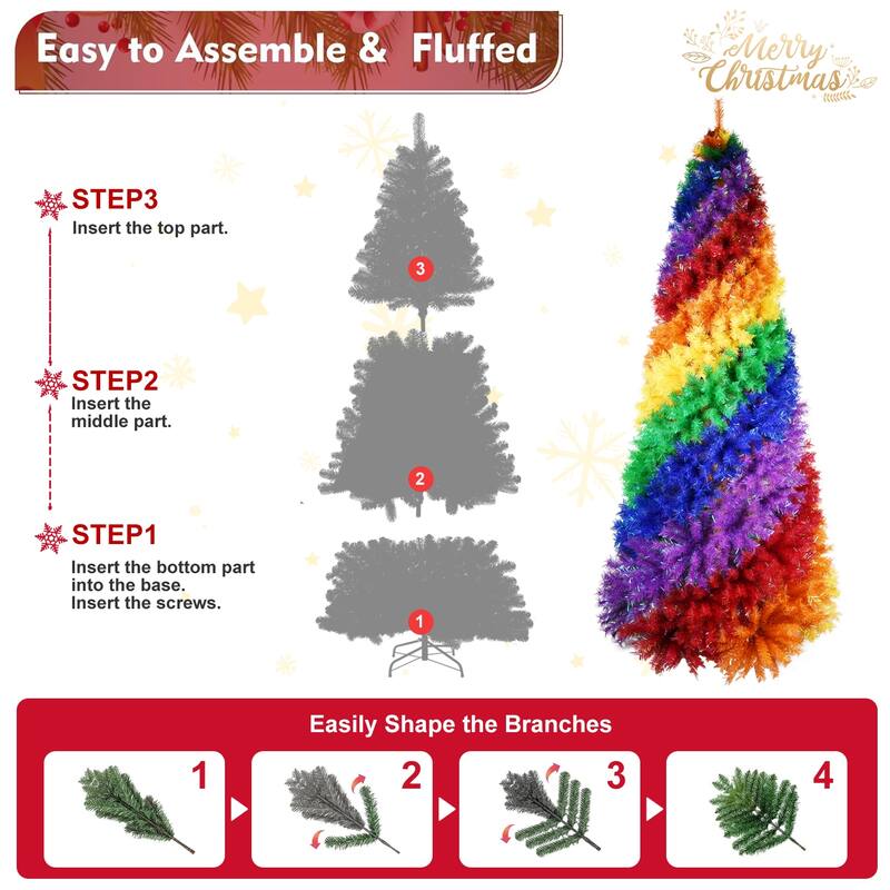 7.5ft Rainbow Spiral Christmas Tree, 1825 Branch Tips, Artificial Tree with Unique Spiral Design, Full & Lush Shape, Metal Stand