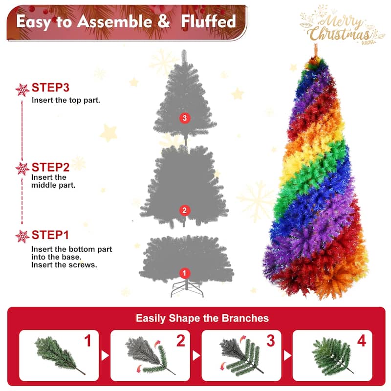 Rainbow Spiral Artificial Christmas Tree - Colorful PVC Branches, Unique Design, Full Lush Shape, Metal Stand