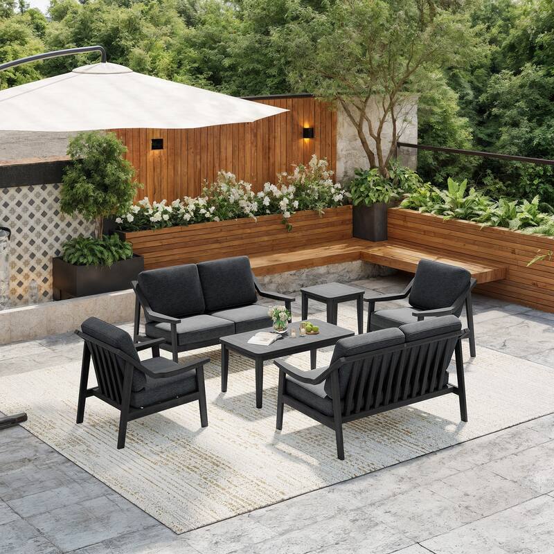 6-piece Wood Patio Chat Set Teak Conversation Set with Cushion