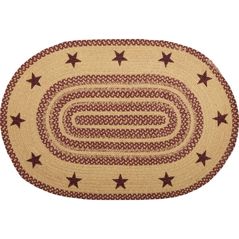 Burgundy Tan Jute Rug Oval Stencil Stars w/ Pad 24x36 - 2' x 3' Oval