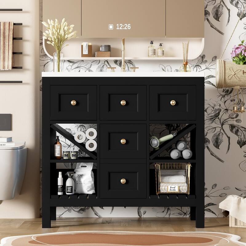 Bathroom Vanity with Resin Top Sink, Bathroom Storage Cabinet with 5 Drawers, Bathroom Vanity Set with 4 Open Shelves