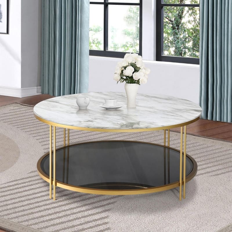 Modern Glam 36" Round Modern Cocktail Glass Coffee Table Storage Shelf with 4 Gold Cross Legs Faux Marble Veneer