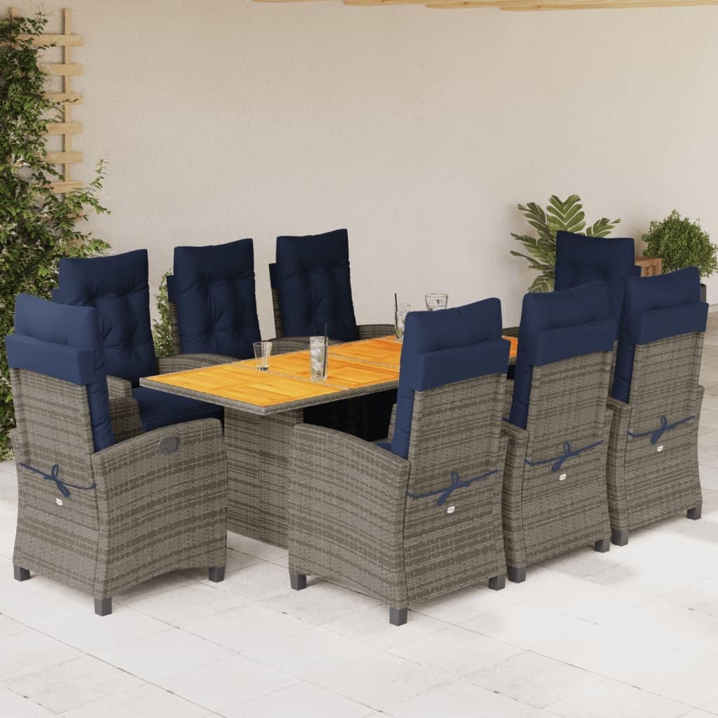 vidaXL 9 Piece Patio Dining Set with Cushions Gray Poly Rattan 74.8 x 31.5 x 29.1 Bed Bath Beyond 40218942