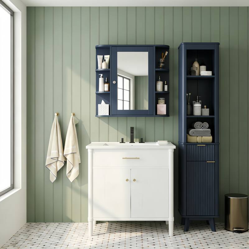 Bathroom Wall Storage Cabinet with Mirror, with Adjustable Wood Shelf & Doors, Mounted Storage Cabinets with 6 Open Shelves