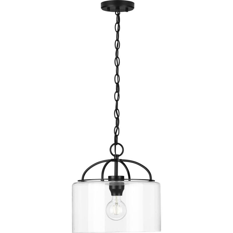 Leyden Collection 1-Light Matte Black Clear Glass Transitional Mini-Pendant Hanging Light - 13 in x 13 in x 13 in