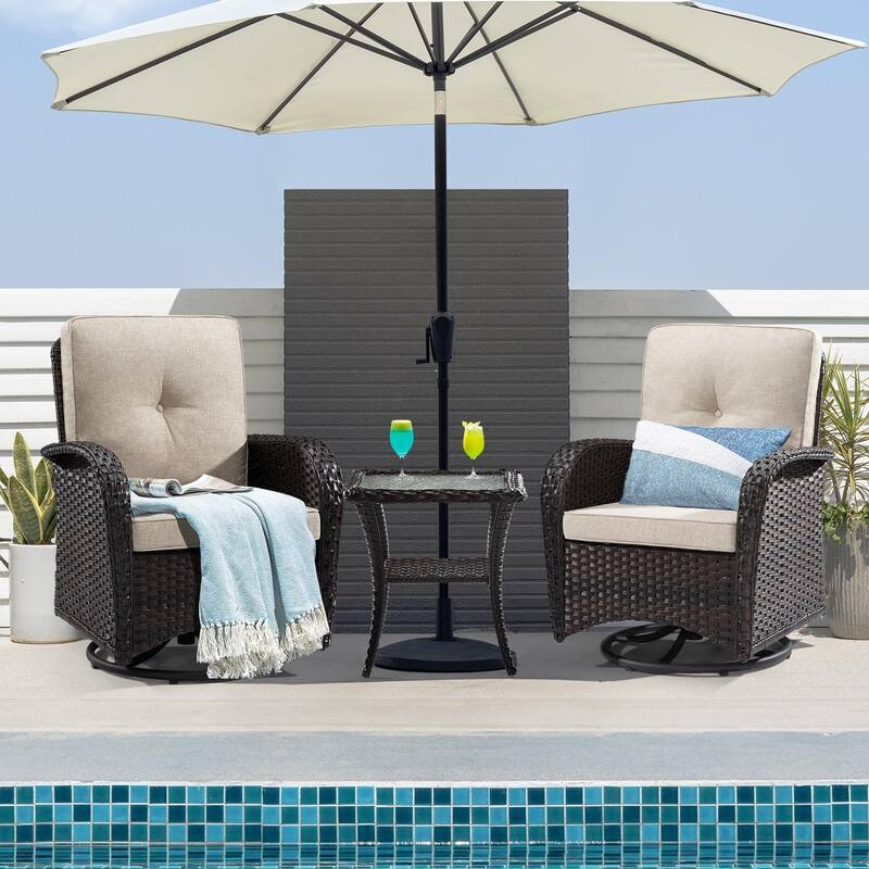 Cozywor 3-Piece Wicker Patio Swivel Outdoor Rocking Chair Conversation Set